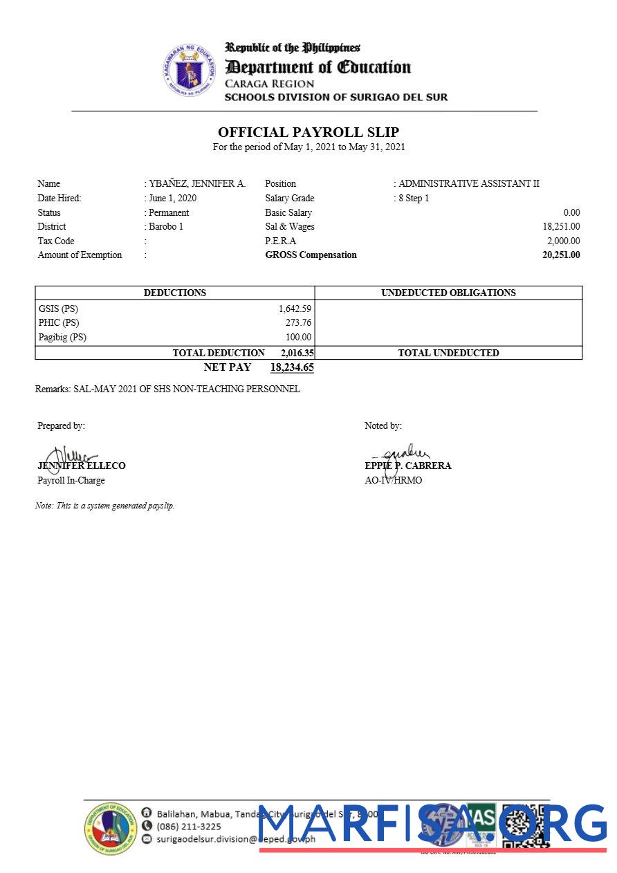 Realistic Philippines Schools Division of Surigao Del Sur payroll slip real example